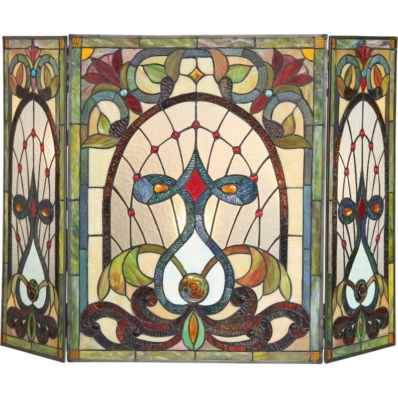 CHLOE Ruby Tiffany-glass 3pcs Folding Victorian Fireplace Screen 44