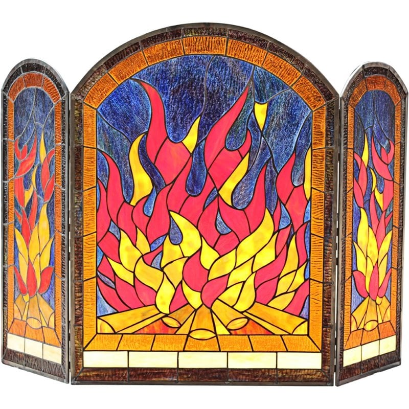 CHLOE Flame Tiffany-Style 3pcs Arched Folding Fireplace Screen 42