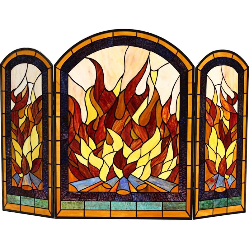 CHLOE Flame Tiffany-Style 3pcs Arched Folding Fireplace Screen 42