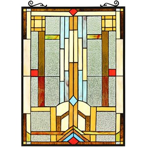 CHLOE Joash Tiffany-Style Geometric Stained Glass Window Panel 24&quot Height