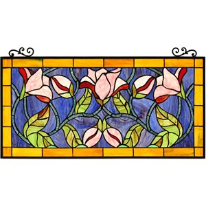 CHLOE Oriental Tiffany-Style Floral Stained Glass Window Panel 34&quot Wide
