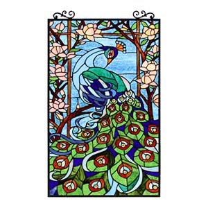 Chloe Lighting Pacey 32&quot Peacock Glass Hanging Window Panel in Multi-Color