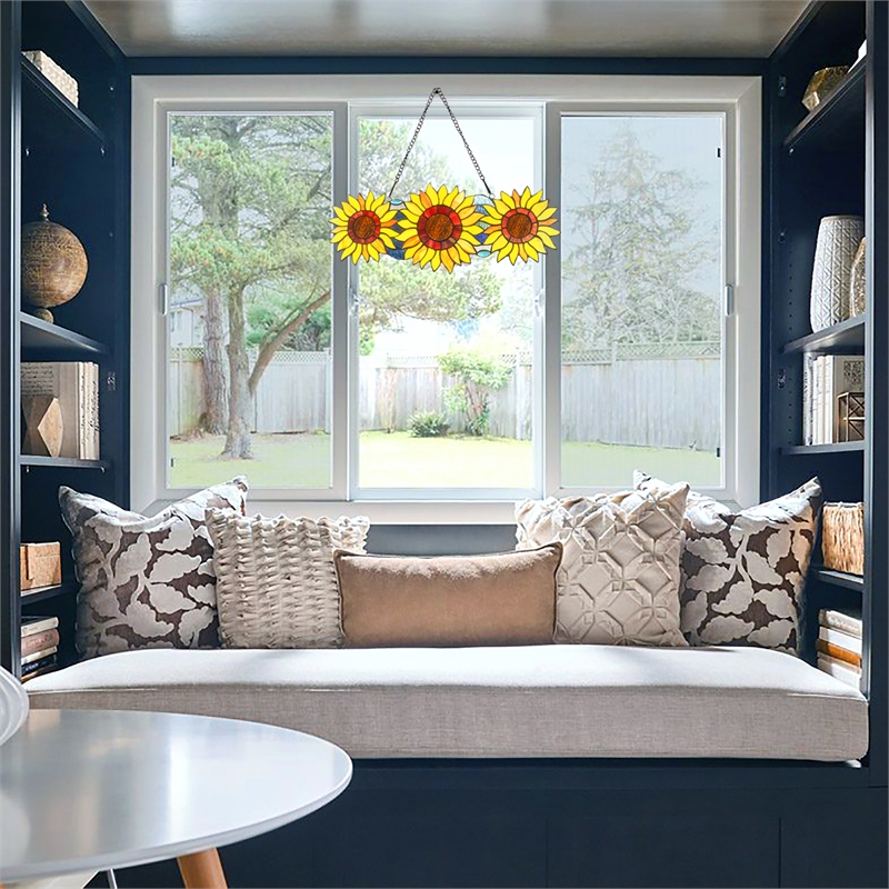 Chloe Lighting Floral Stained Glass & Metal Window Panel in Yellow