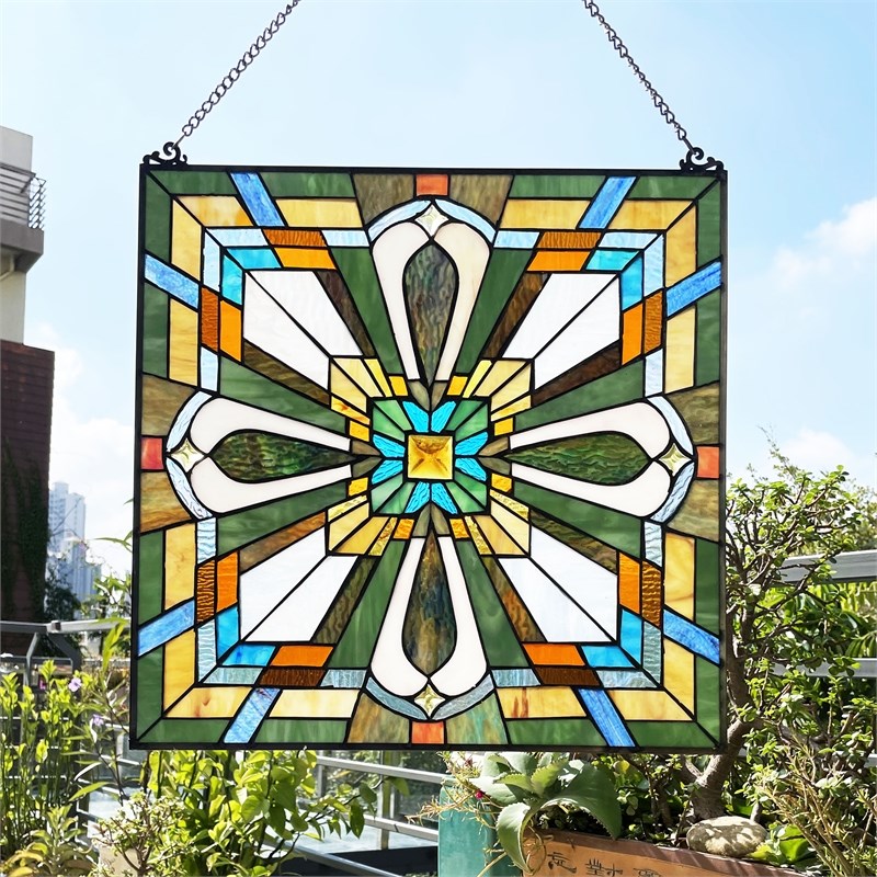 Chloe Lighting Mission Archie Design Glass & Metal Window Panel in Multi-Color