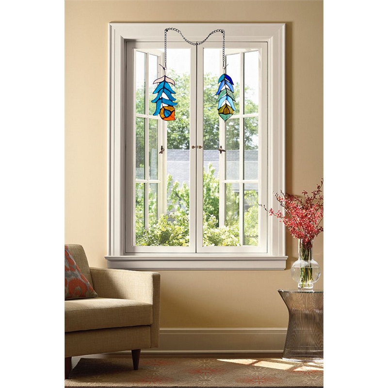 Chloe Lighting Animal Feather Design Glass Window Panel in Blue/Multi-Color