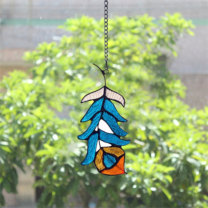 Chloe Lighting Animal Feather Design Glass & Metal Window Panel in Blue/Red