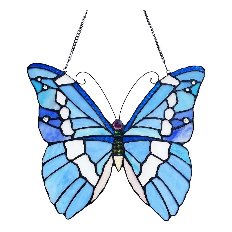 Chloe Lighting Animal Butterfly Design Glass & Metal Window Panel in Blue