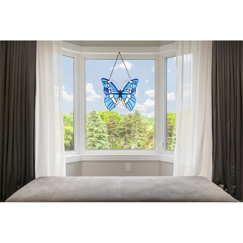 Chloe Lighting Animal Butterfly Design Glass & Metal Window Panel in Blue