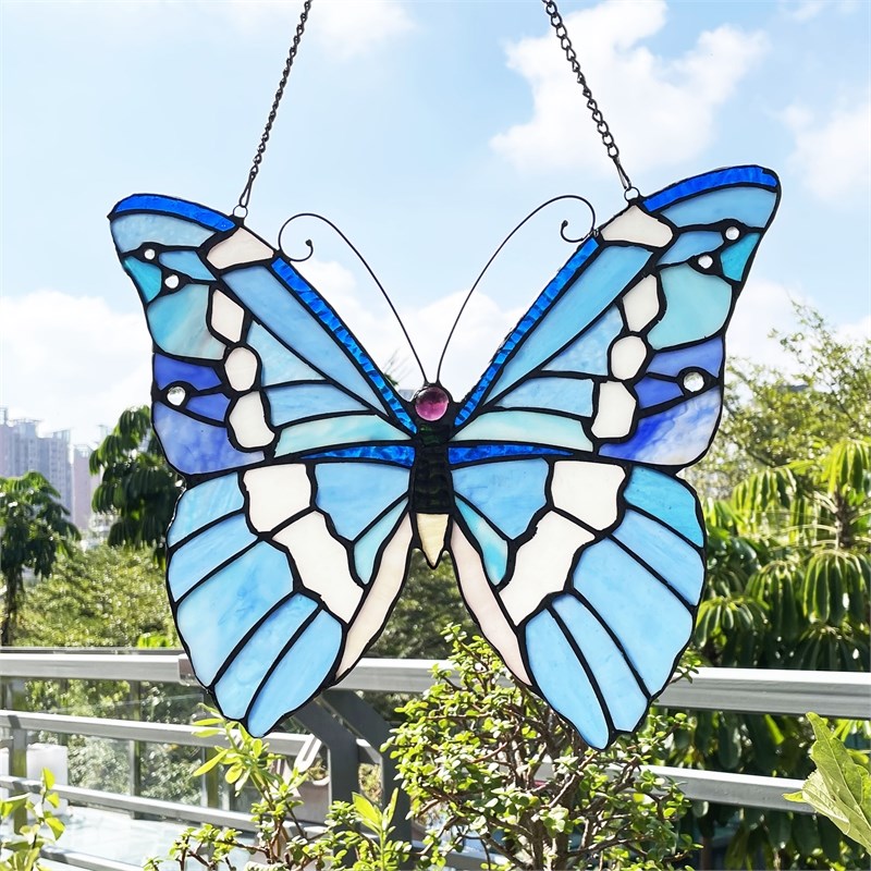 Chloe Lighting Animal Butterfly Design Glass & Metal Window Panel in Blue