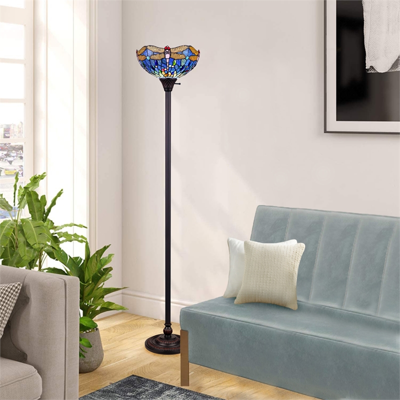 Chloe Lighting Dragonfly 1-Light Glass/Metal Torchiere Floor Lamp in Multi-Color