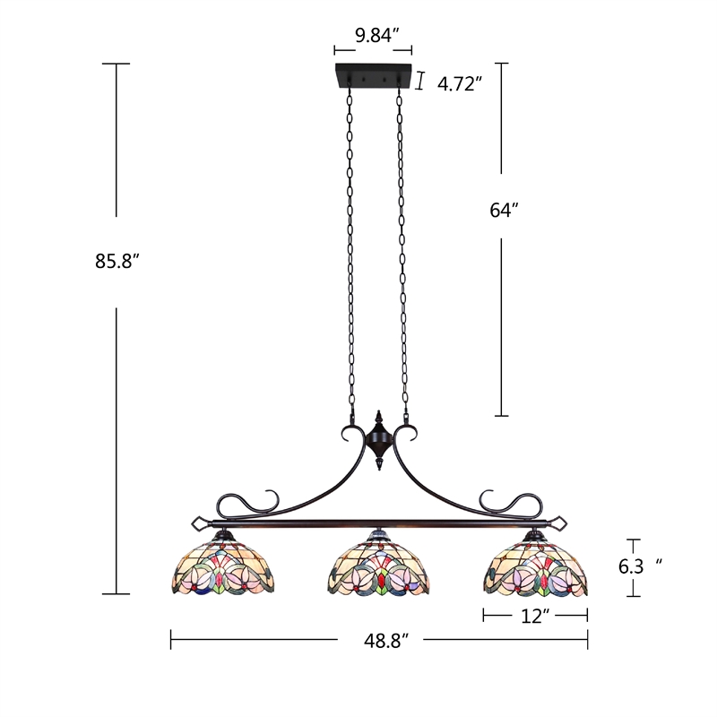 Chloe Lighting Victorian 3-Light Glass & Metal Island Pendant in Multi-Color