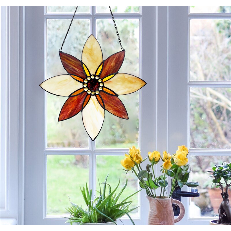 Chloe Lighting Viola Floral Stained Glass & Metal Window Panel in Brown/Black