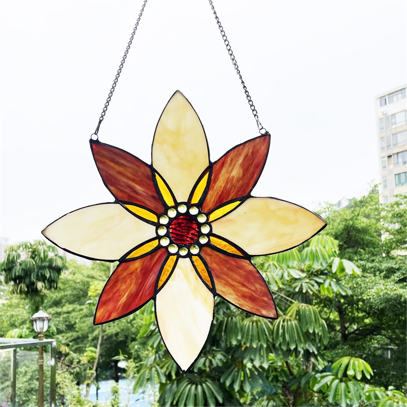 Chloe Lighting Viola Floral Stained Glass & Metal Window Panel in Brown/Black