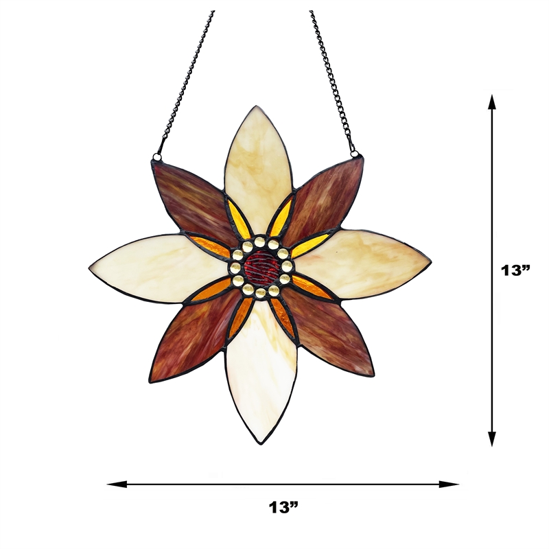 Chloe Lighting Viola Floral Stained Glass & Metal Window Panel in Brown/Black