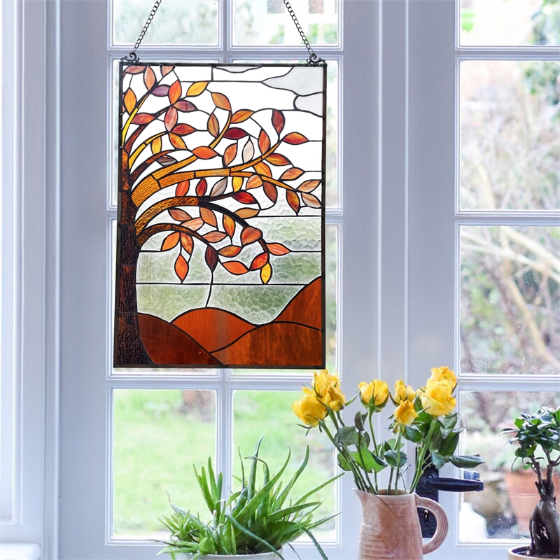 Chloe Lighting Autumnal Floral Glass & Metal Window Panel in Brown/Black