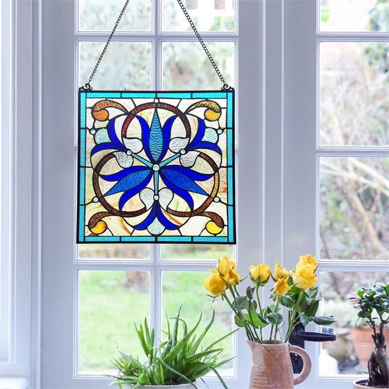 Chloe Lighting Bell-Flower Victorian Glass & Metal Window Panel in Blue/Black
