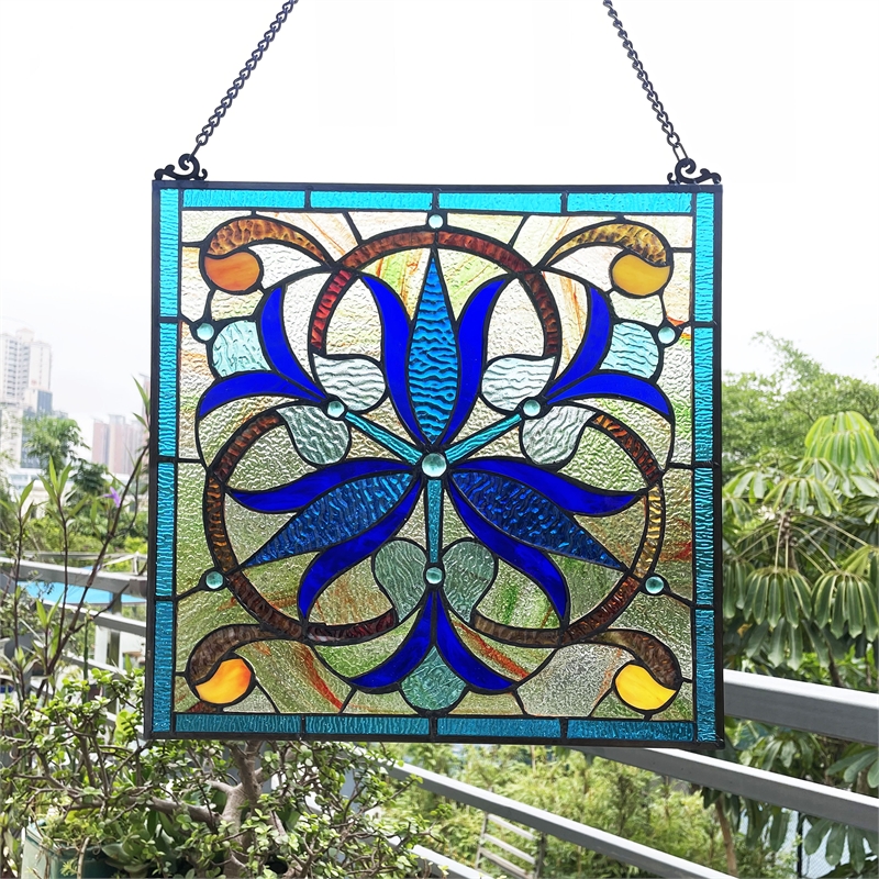 Chloe Lighting Bell-Flower Victorian Glass & Metal Window Panel in Blue/Black