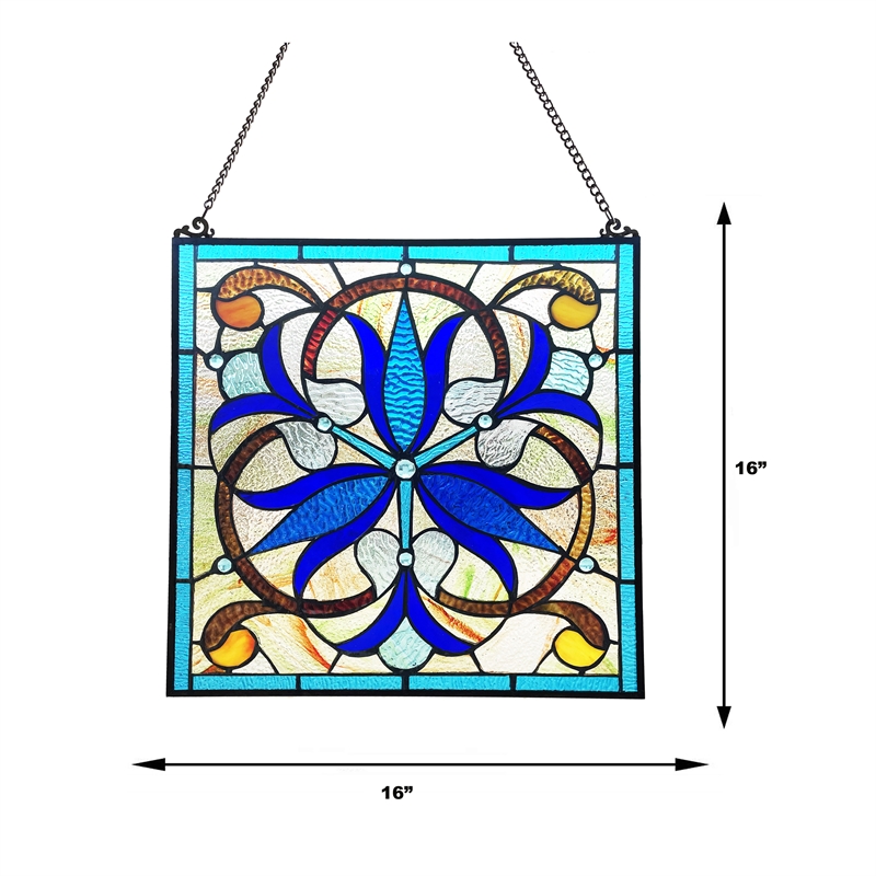Chloe Lighting Bell-Flower Victorian Glass & Metal Window Panel in Blue/Black