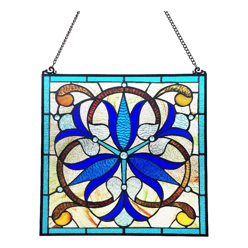 Chloe Lighting Bell-Flower Victorian Glass & Metal Window Panel in Blue/Black