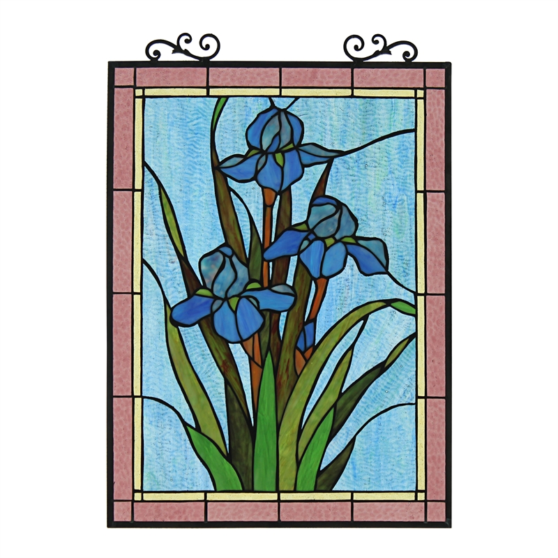 Chloe Lighting Blue Iris Floral Glass Verical Window Panel in Multi-Color