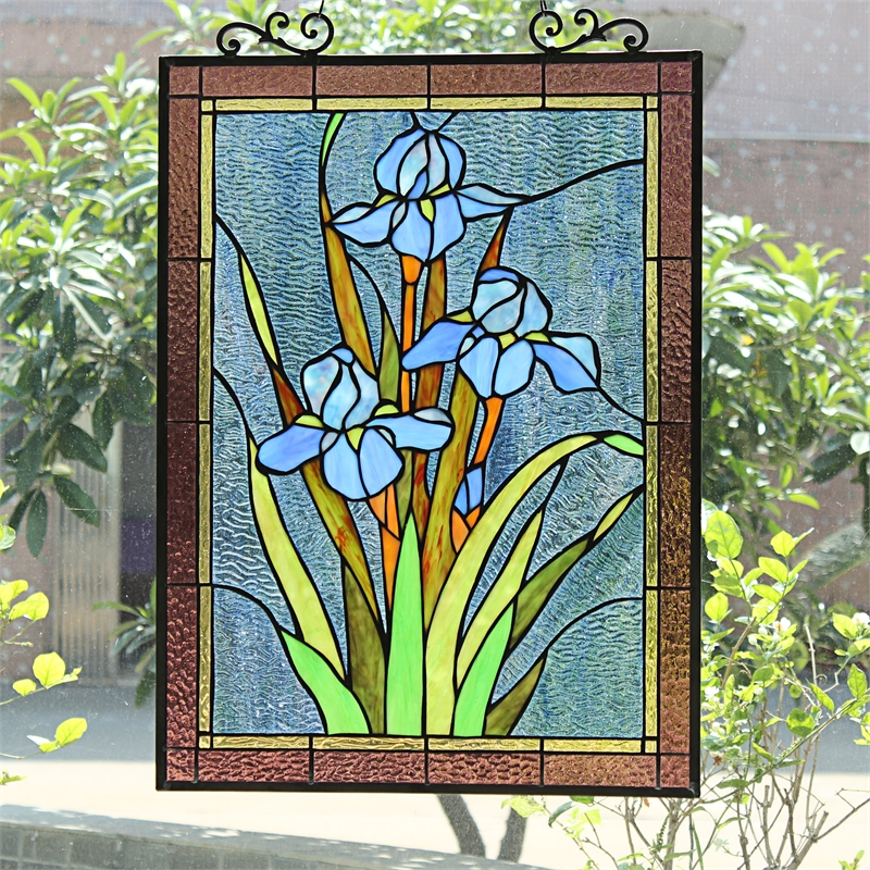 Chloe Lighting Blue Iris Floral Glass Verical Window Panel in Multi-Color