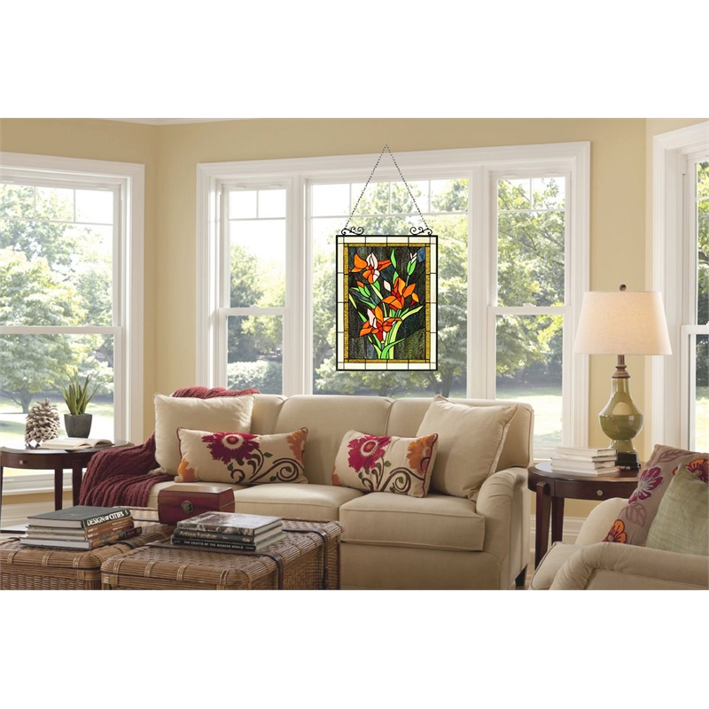 Chloe Lighting Orange Lily Floral Glass Verical Window Panel in Multi-Color