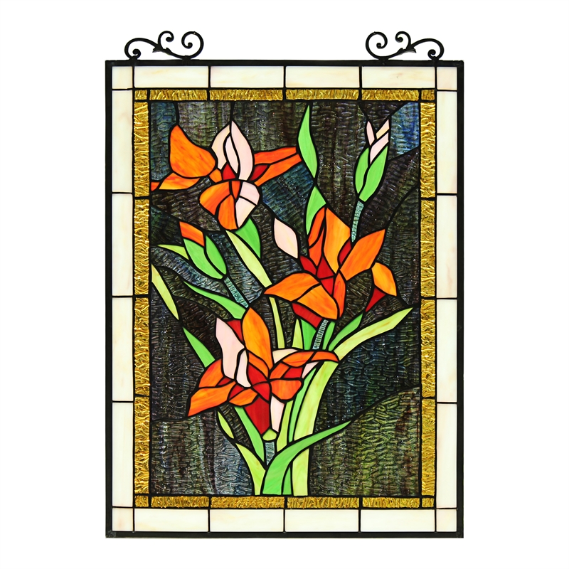 Chloe Lighting Orange Lily Floral Glass Verical Window Panel in Multi-Color