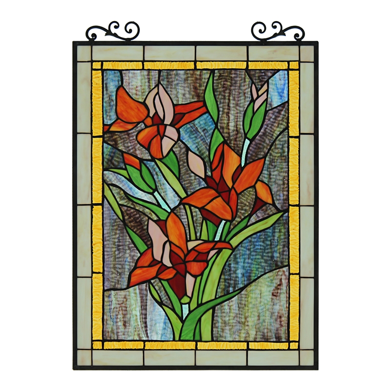 Chloe Lighting Orange Lily Floral Glass Verical Window Panel in Multi-Color