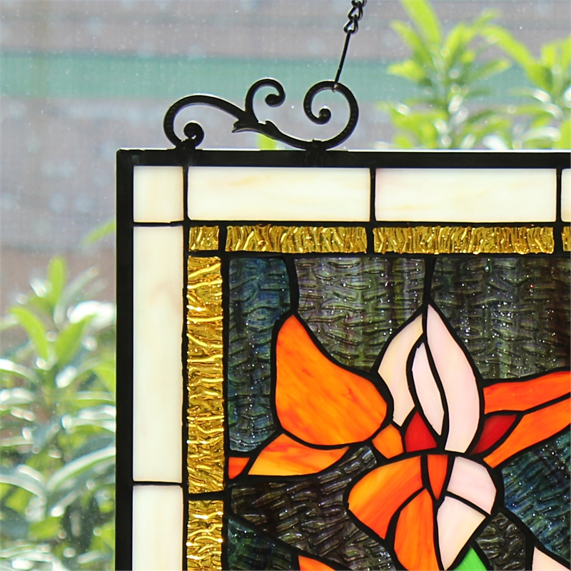 Chloe Lighting Orange Lily Floral Glass Verical Window Panel in Multi-Color