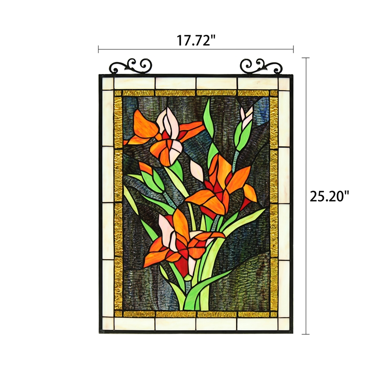 Chloe Lighting Orange Lily Floral Glass Verical Window Panel in Multi-Color