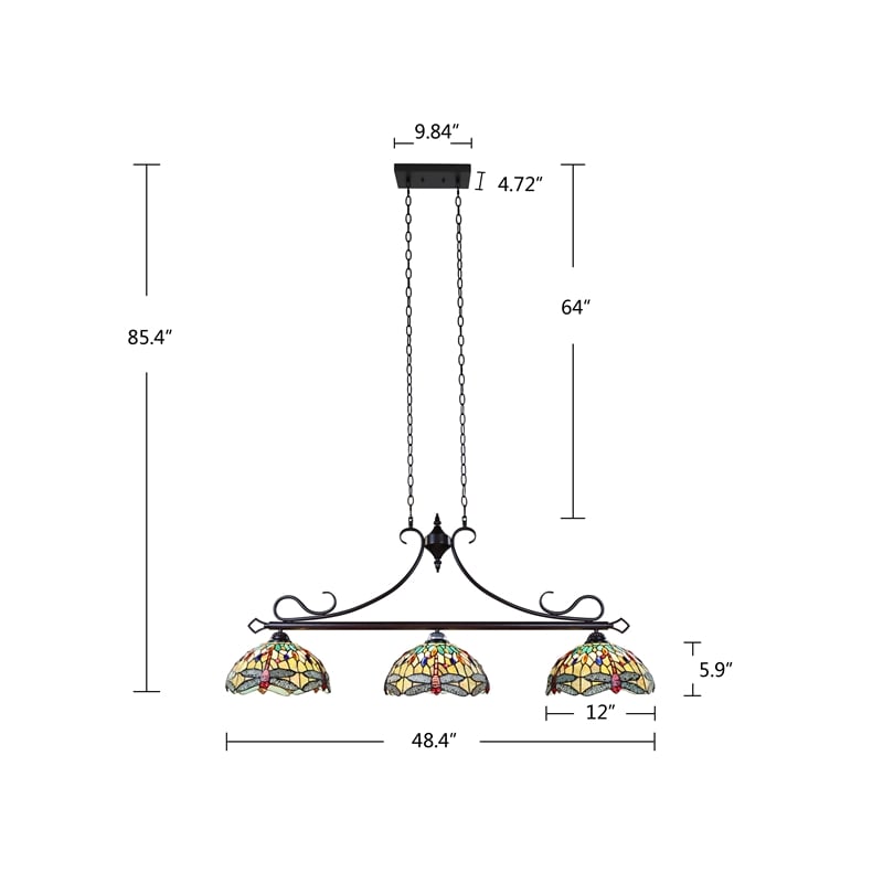 Chloe Lighting Empress Dragonfly 3-Light Glass Island Pendant in Multi-Color