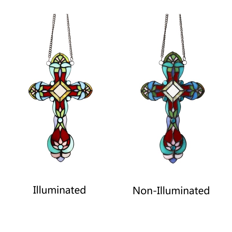 Chloe Lighting Cross Victorian Glass/Copper Window Panel in Multi-Color