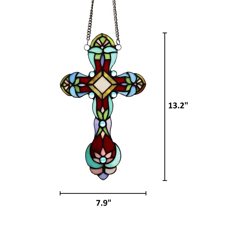 Chloe Lighting Cross Victorian Glass/Copper Window Panel in Multi-Color