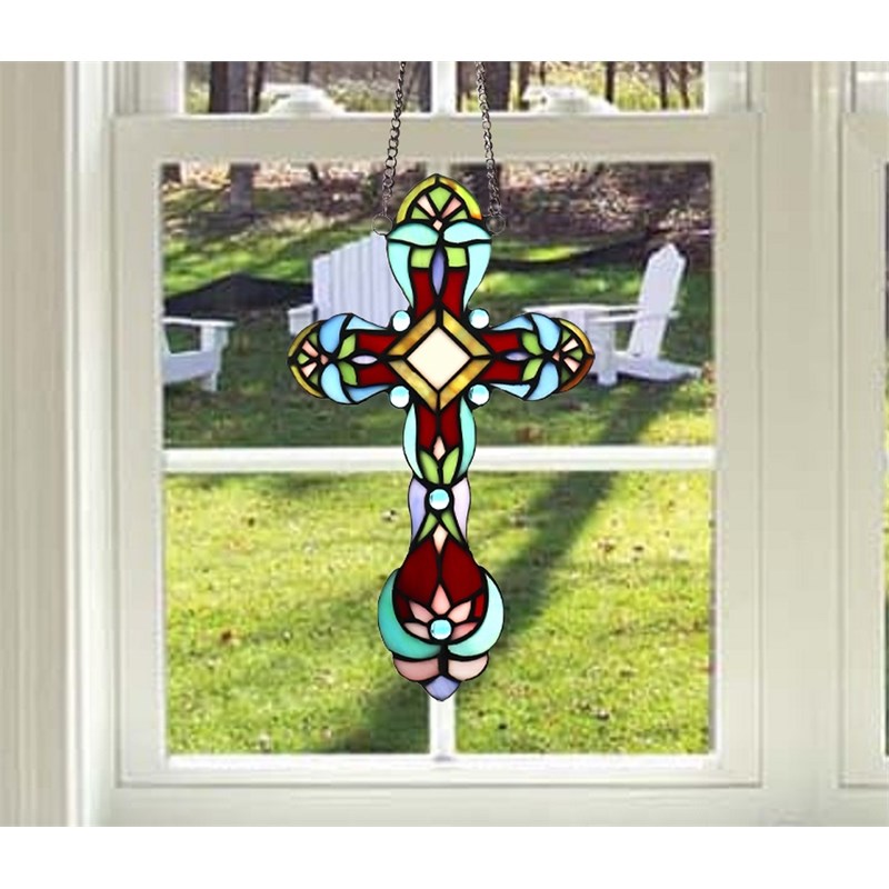 Chloe Lighting Cross Victorian Glass/Copper Window Panel in Multi-Color