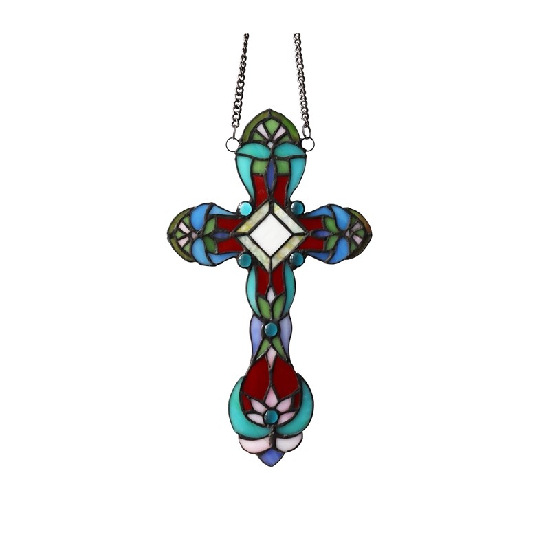 Chloe Lighting Cross Victorian Glass/Copper Window Panel in Multi-Color
