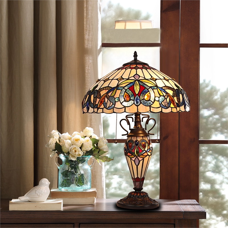 Chloe Lighting Serenity Victorian 3-Light Glass Table Lamp in Multi-Color