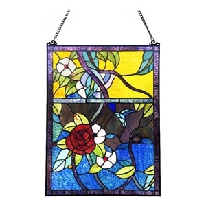 Chloe Lighting Rose 24&quot Floral Stained Glass Window Panel in Multi-Color