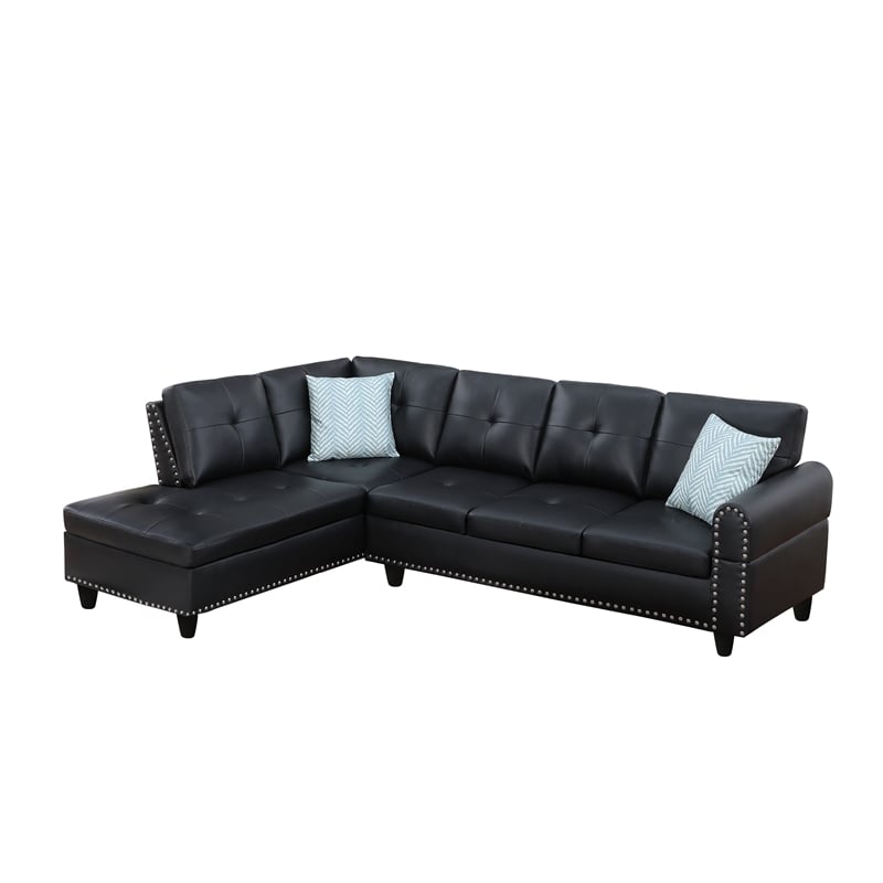 Devion Furniture Faux Leather Sectional Sofa with Ottoman-Black