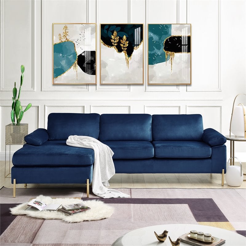 Devion Furniture Modern Velvet Sectional Sofa in Blue/Gold legs