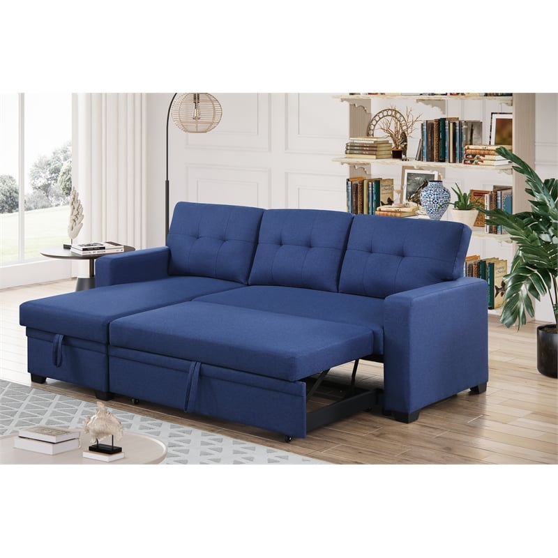 Devion Furniture Polyester Fabric Reversible Sleeper Sectional Sofa-Blue