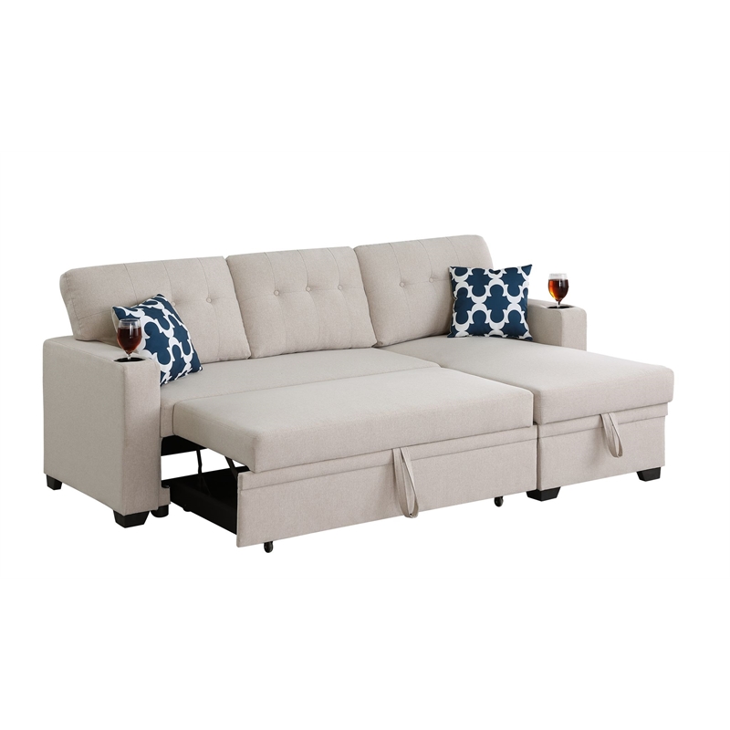 Reversible Fabric Sleeper Sofa Bed & Chaise with Cup Holder-Beige