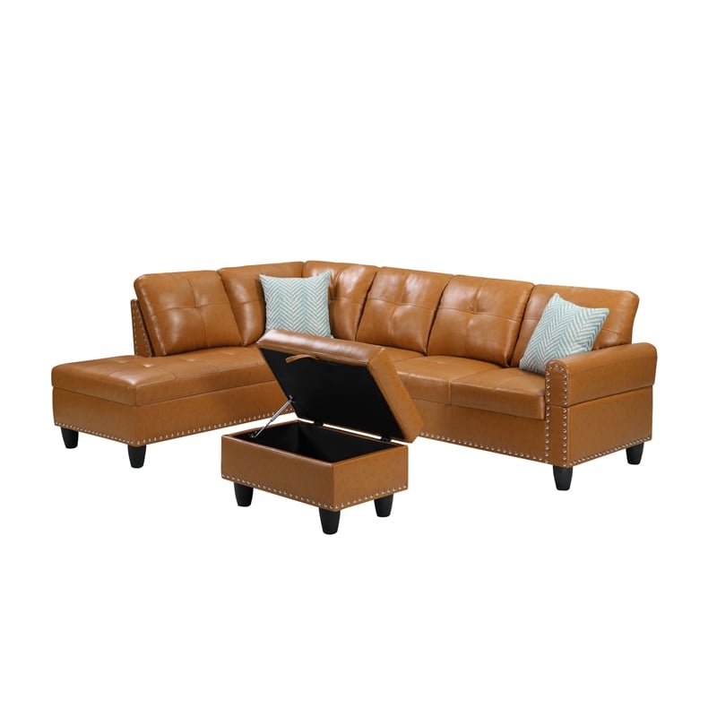 Devion Furniture Faux Leather Sectional Sofa with Ottoman-Brown