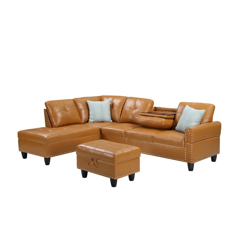 Devion Furniture Faux Leather Sectional Sofa with Ottoman-Brown