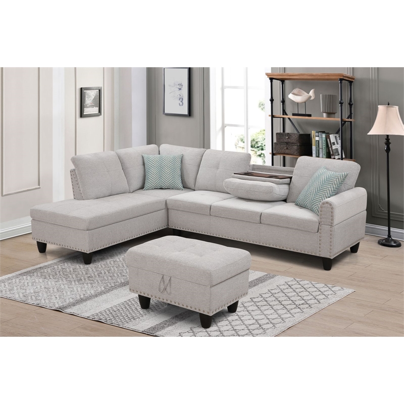 Devion Furniture Polyester Fabric Sectional Sofa with Ottoman-Light Gray
