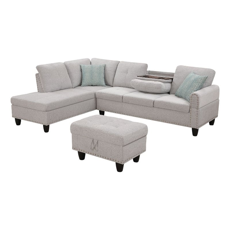 Devion Furniture Polyester Fabric Sectional Sofa with Ottoman-Light Gray