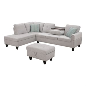 Devion Furniture Polyester Fabric Sectional Sofa with Ottoman-Light Gray
