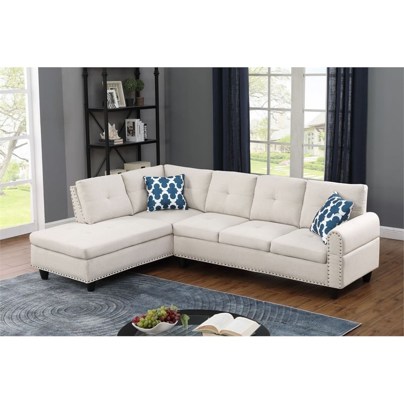 Devion Furniture Polyester Fabric Sectional Sofa with Ottoman-Beige