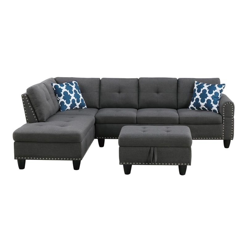 Devion Furniture Polyester Fabric Sectional Sofa with Ottoman-Gray