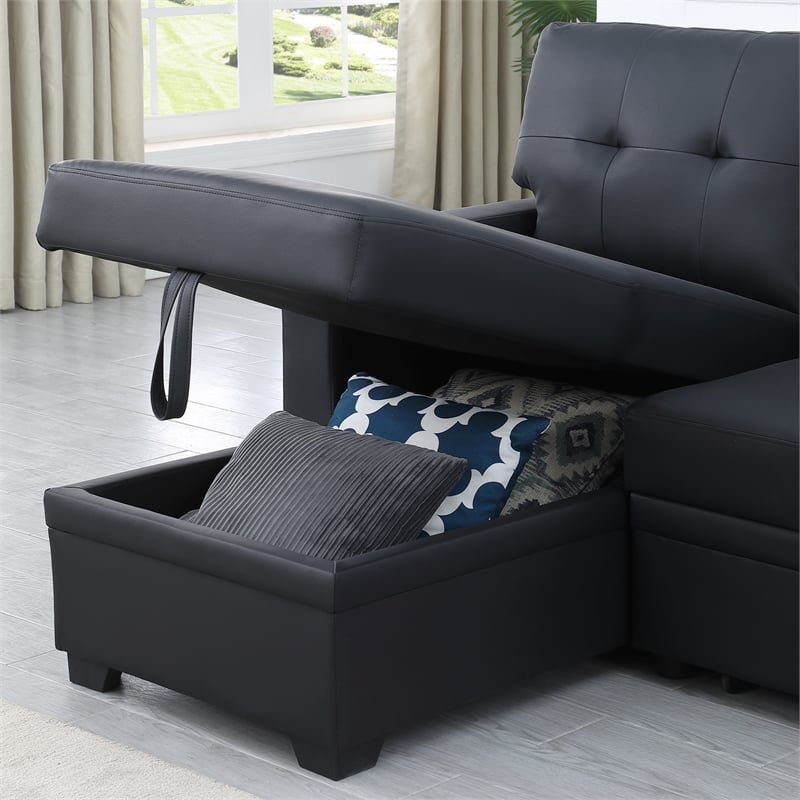 Devion Furniture Faux Leather Reversible Sleeper Sectional Sofa-Black