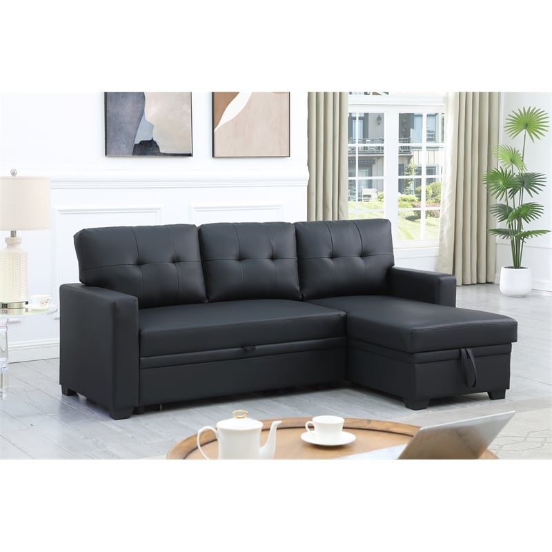 Devion Furniture Faux Leather Reversible Sleeper Sectional Sofa-Black